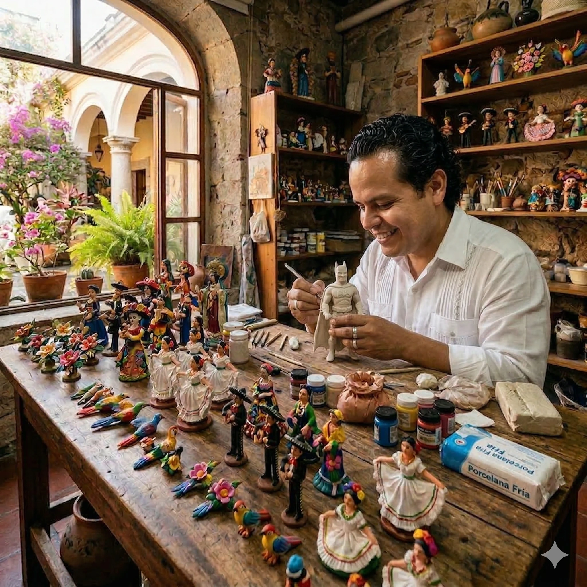 Manos y rostro del escultor trabajando